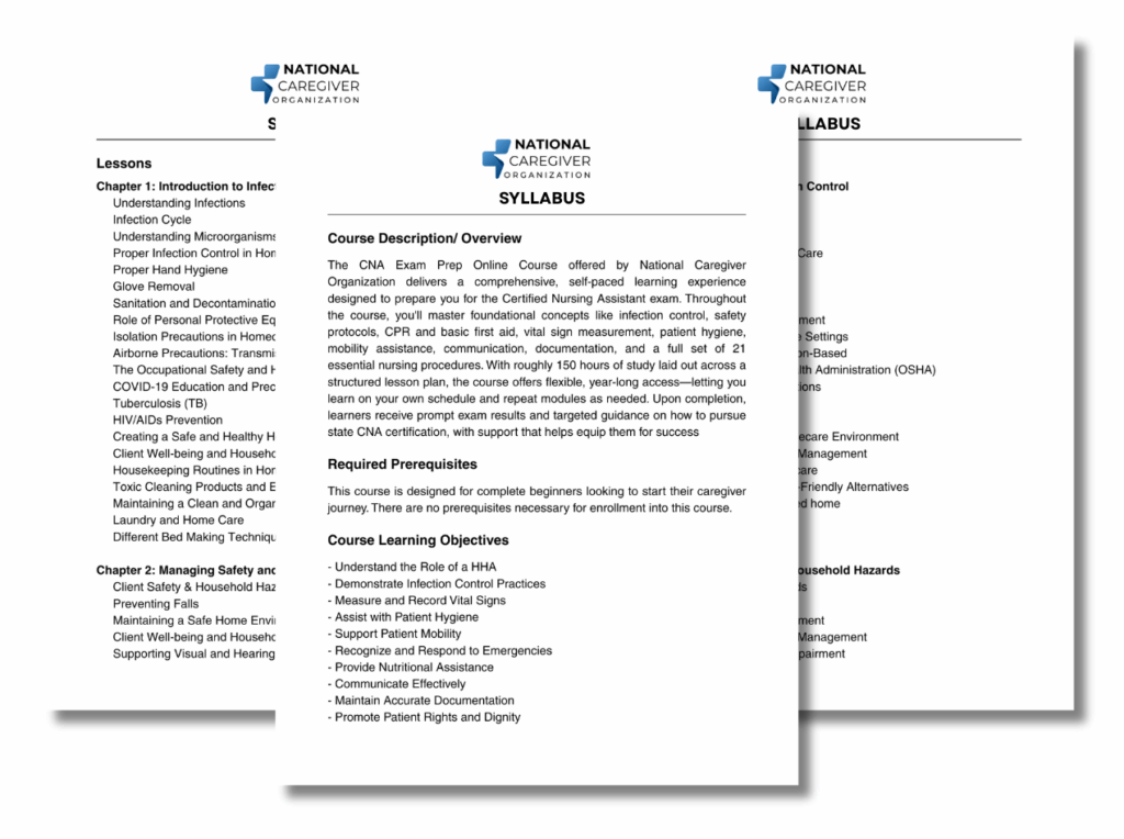 National Caregiver Online - HHA Course Syllabus Image
