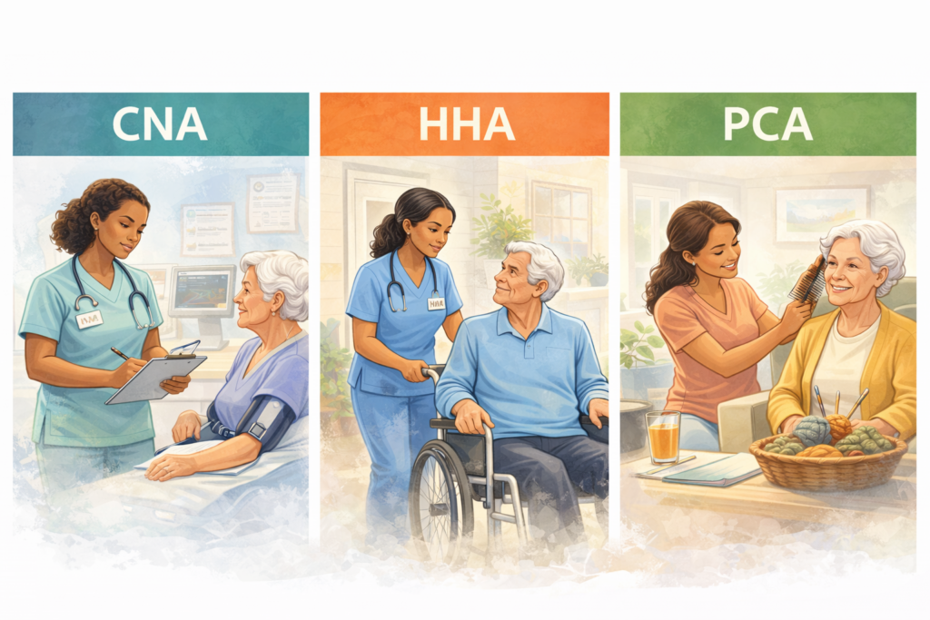 Comparison of caregiver roles showing a CNA providing clinical care, an HHA assisting with mobility, and a PCA helping with personal grooming in home and healthcare settings