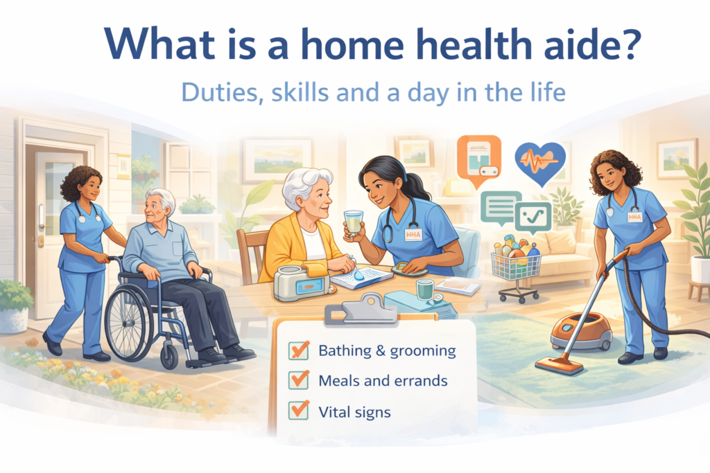 Home health aide assisting elderly patients with daily care, including mobility support, meal assistance, and light housekeeping in a home setting