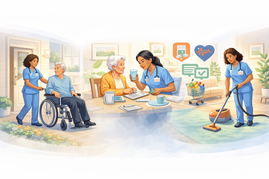 Caregiver assisting elderly individuals at home with daily tasks including mobility support, meal assistance, and light housekeeping in a home care setting