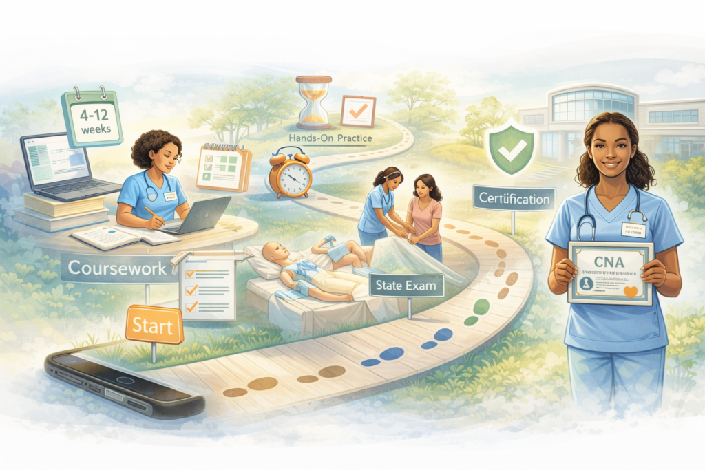 Caregiver assisting elderly individuals at home alongside scenes of studying and training, representing the journey to becoming a certified nursing assistant