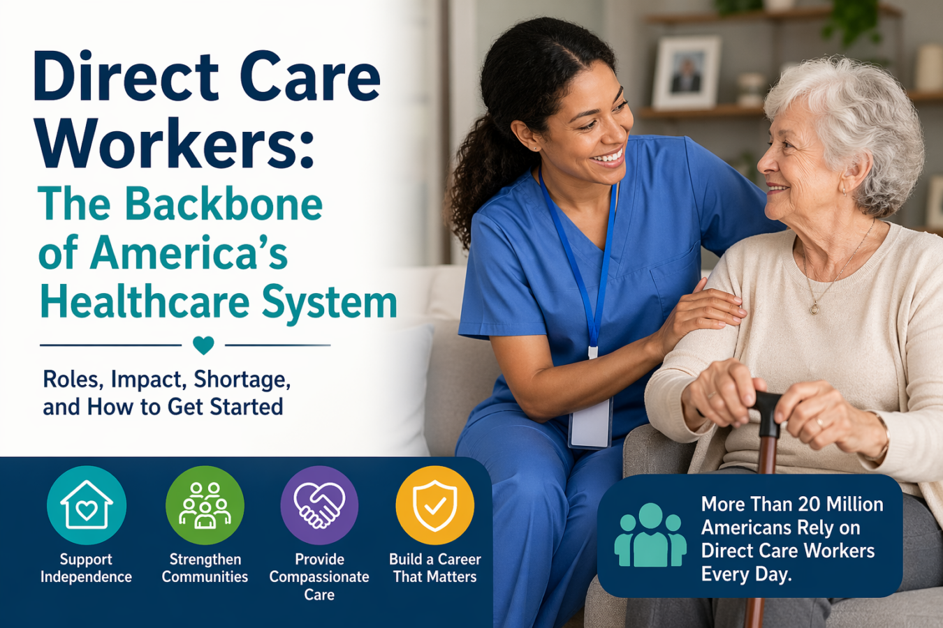 Caregiver in blue scrubs smiling and supporting an elderly woman holding a walking cane in a home setting, representing direct care workers providing daily support and companionship.