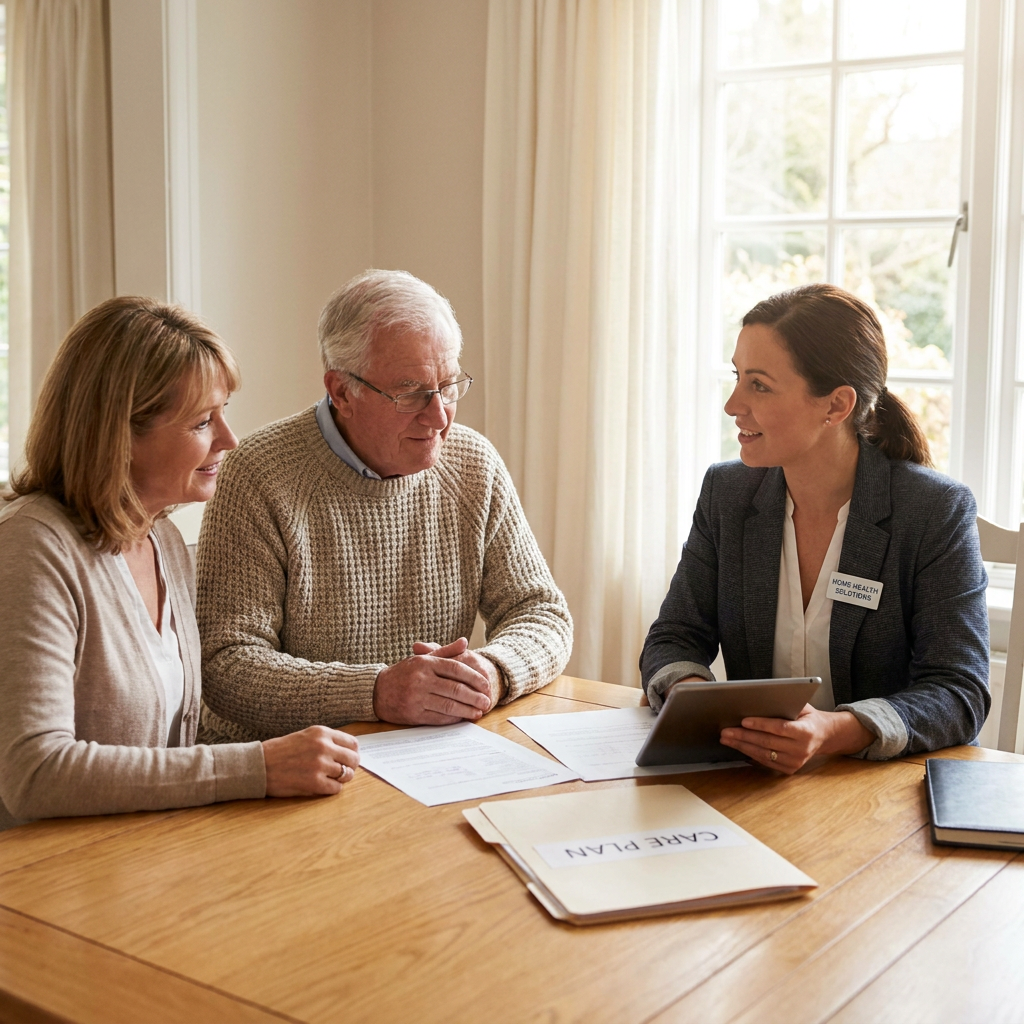 elderly parent meeting with a professional home health agency representative at a dining table, documents and care plan visible, trustworthy consultation atmosphere