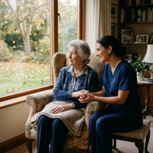an elderly woman sitting alone by a window while a caring caregiver gently sits beside her for support