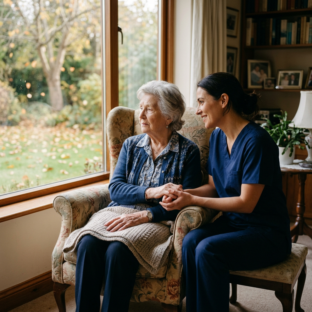 an elderly woman sitting alone by a window while a caring caregiver gently sits beside her for support