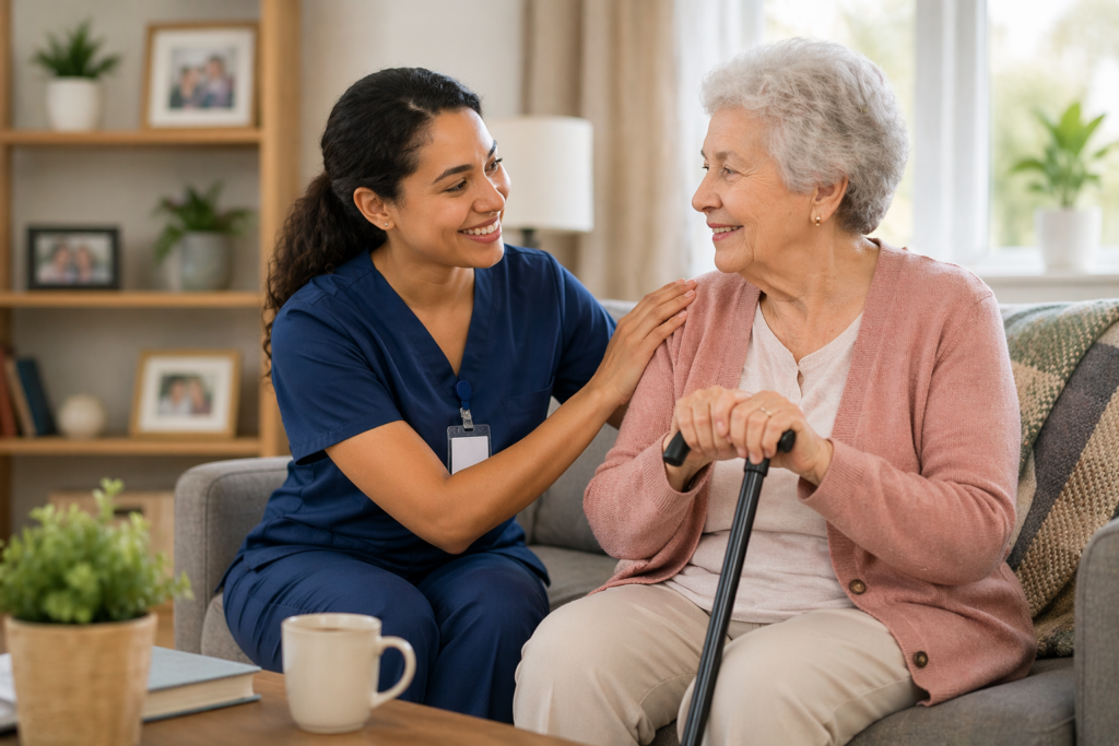 Caregiver assisting an elderly woman at home with daily support, illustrating the role of a personal care assistant versus a general caregiver