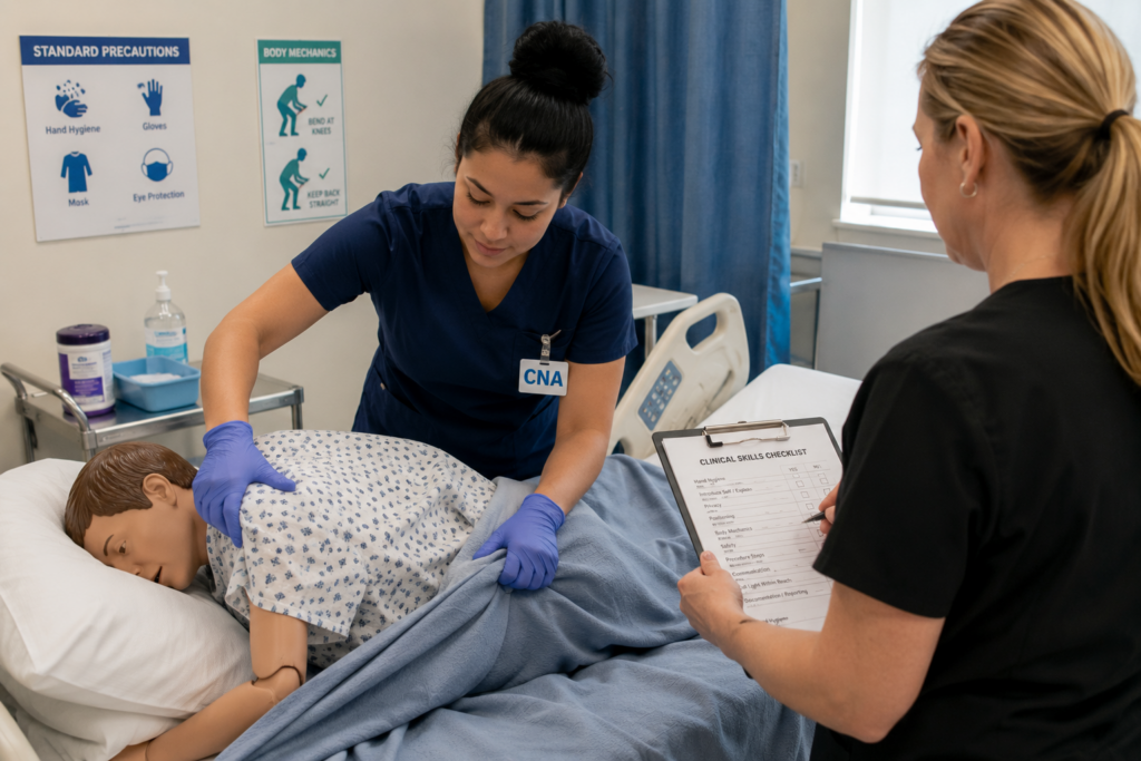 CNA student practicing clinical skills with an instructor in a healthcare training room.