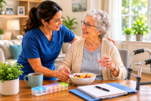 Direct care worker helping an elderly adult with daily support in a home setting.