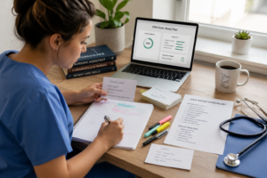 CNA student studying exam notes, flashcards, and a clinical skills checklist at a desk.