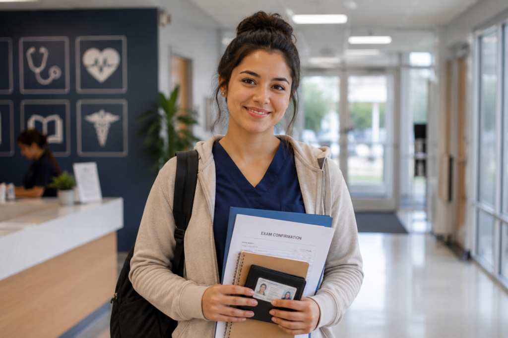 Confident CNA exam candidate holding study notes and exam documents before test day.
