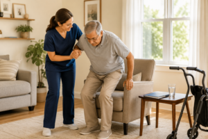 Beginner caregiver helping an older adult with safe mobility support in a home-care setting.