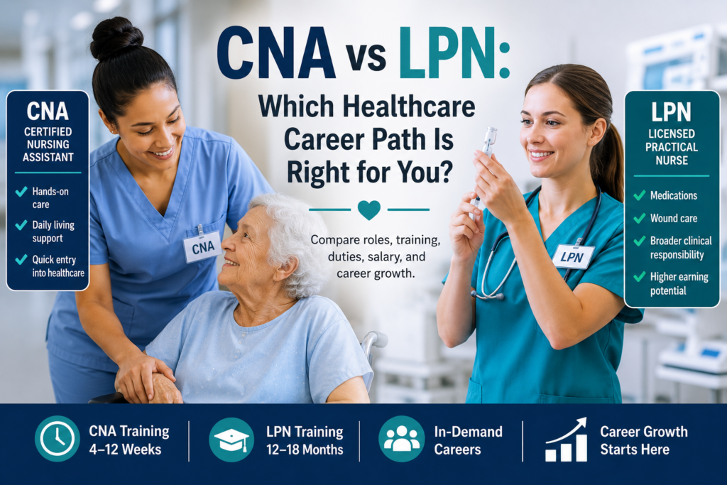 CNA and LPN healthcare career paths compared, showing a certified nursing assistant supporting an older patient and a licensed practical nurse preparing for clinical care.