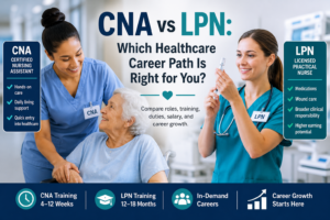 CNA and LPN healthcare career paths compared, showing a certified nursing assistant supporting an older patient and a licensed practical nurse preparing for clinical care.