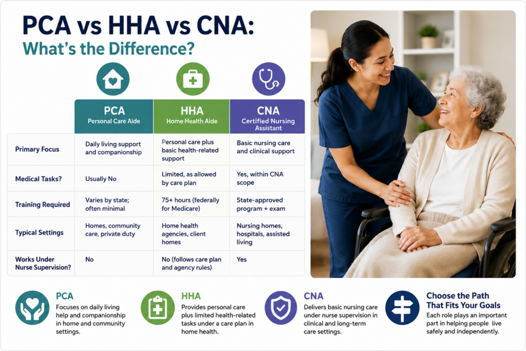 PCA, HHA, and CNA caregiver roles compared with a home care aide supporting an older adult in a wheelchair.
