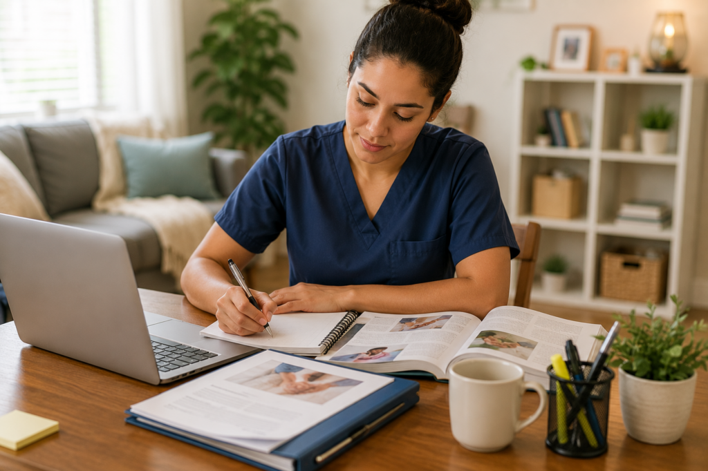 Aspiring personal care worker studying caregiving training materials at a laptop.