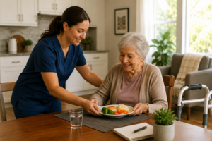 Personal care worker helping an older adult with daily living support in a comfortable home setting.