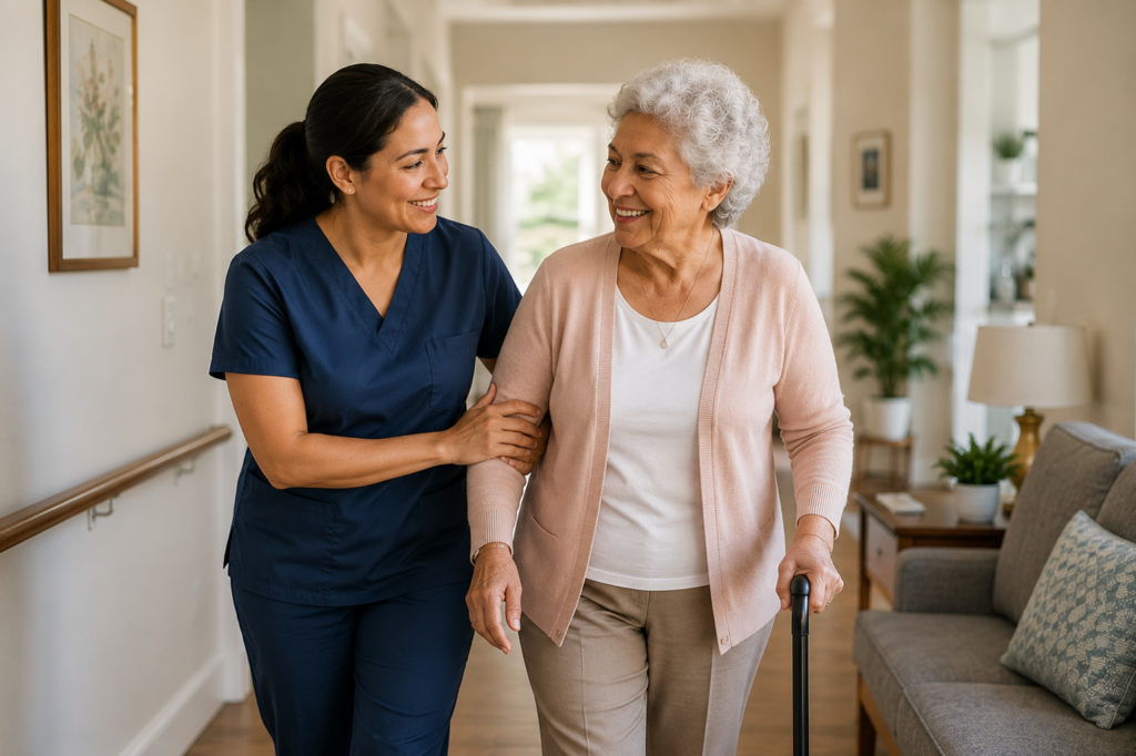 Personal care worker supporting an elderly adult with safe walking and companionship.