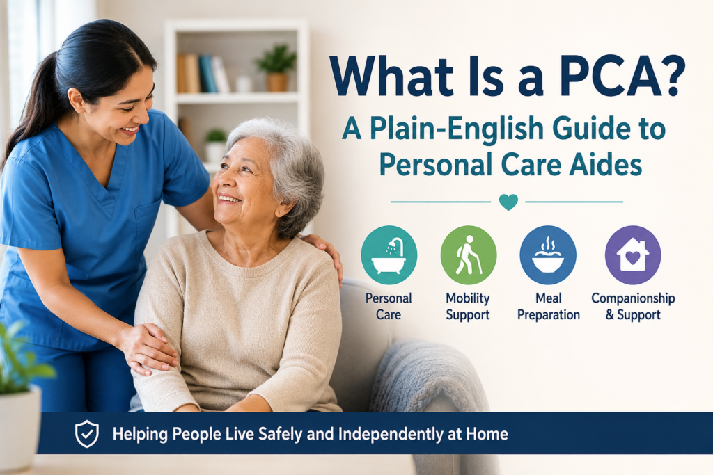 A personal care aide gently supports an older adult in a bright home living room, with a care plan folder, walker, and training notes nearby to show practical PCA job readiness.