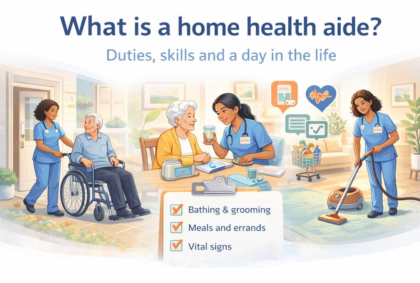 Home health aide assisting elderly patients with daily care, including mobility support, meal assistance, and light housekeeping in a home setting