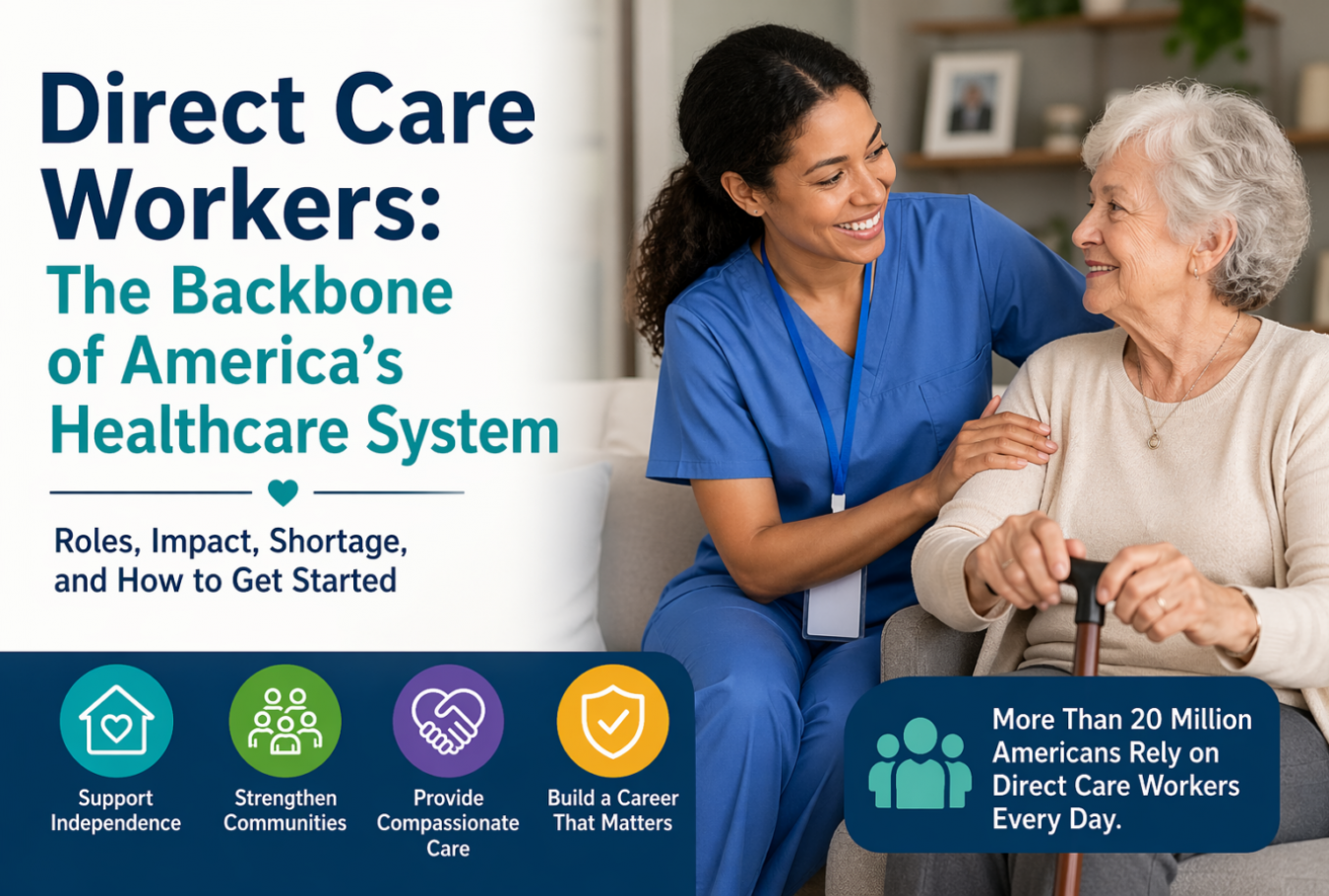 Caregiver in blue scrubs smiling and supporting an elderly woman holding a walking cane in a home setting, representing direct care workers providing daily support and companionship.