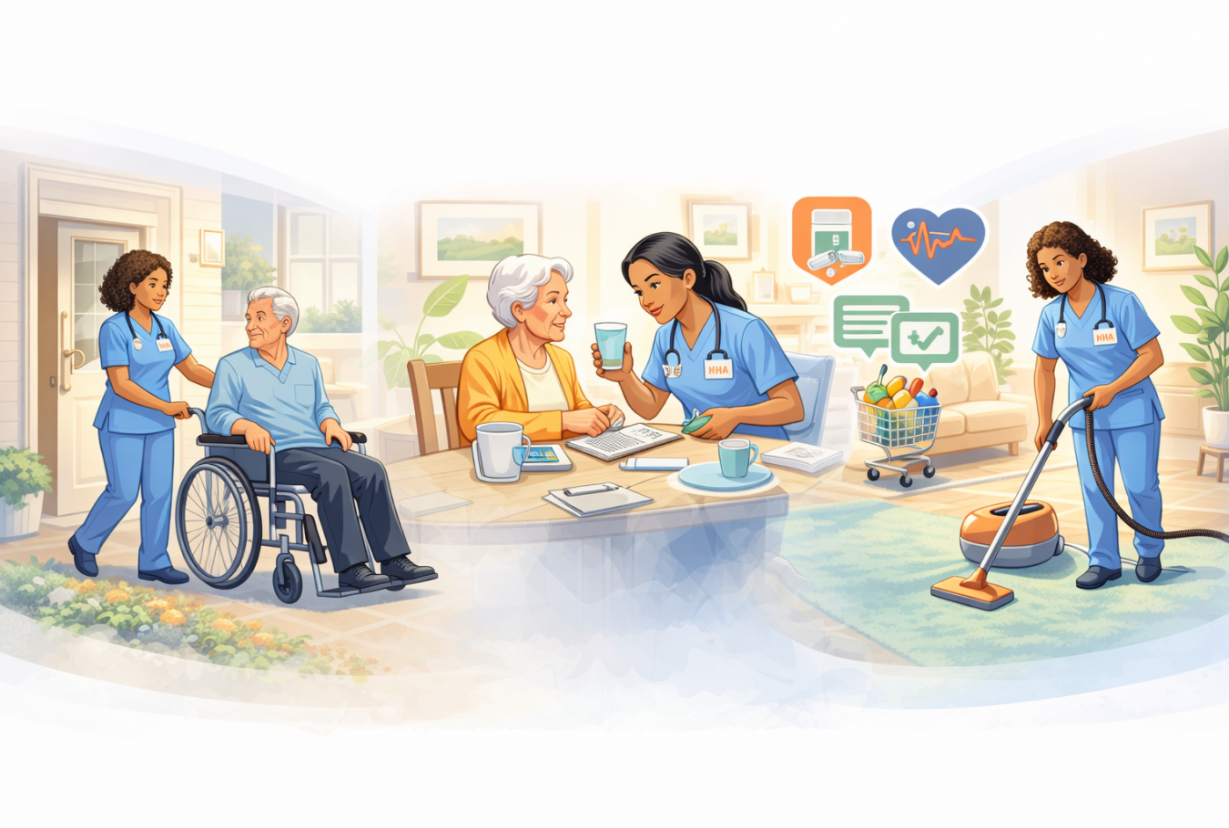 Caregiver assisting elderly individuals at home with daily tasks including mobility support, meal assistance, and light housekeeping in a home care setting