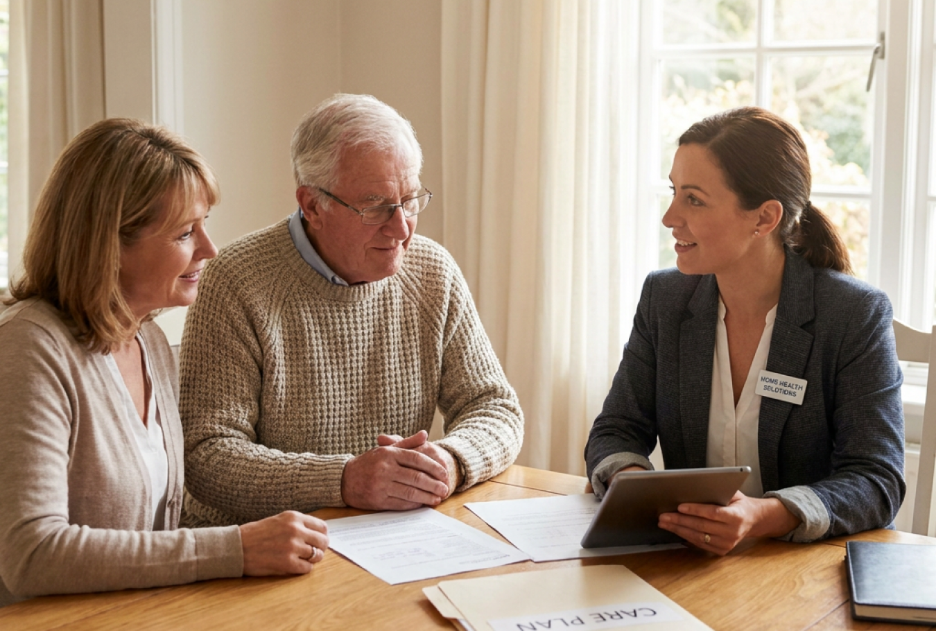 elderly parent meeting with a professional home health agency representative at a dining table, documents and care plan visible, trustworthy consultation atmosphere