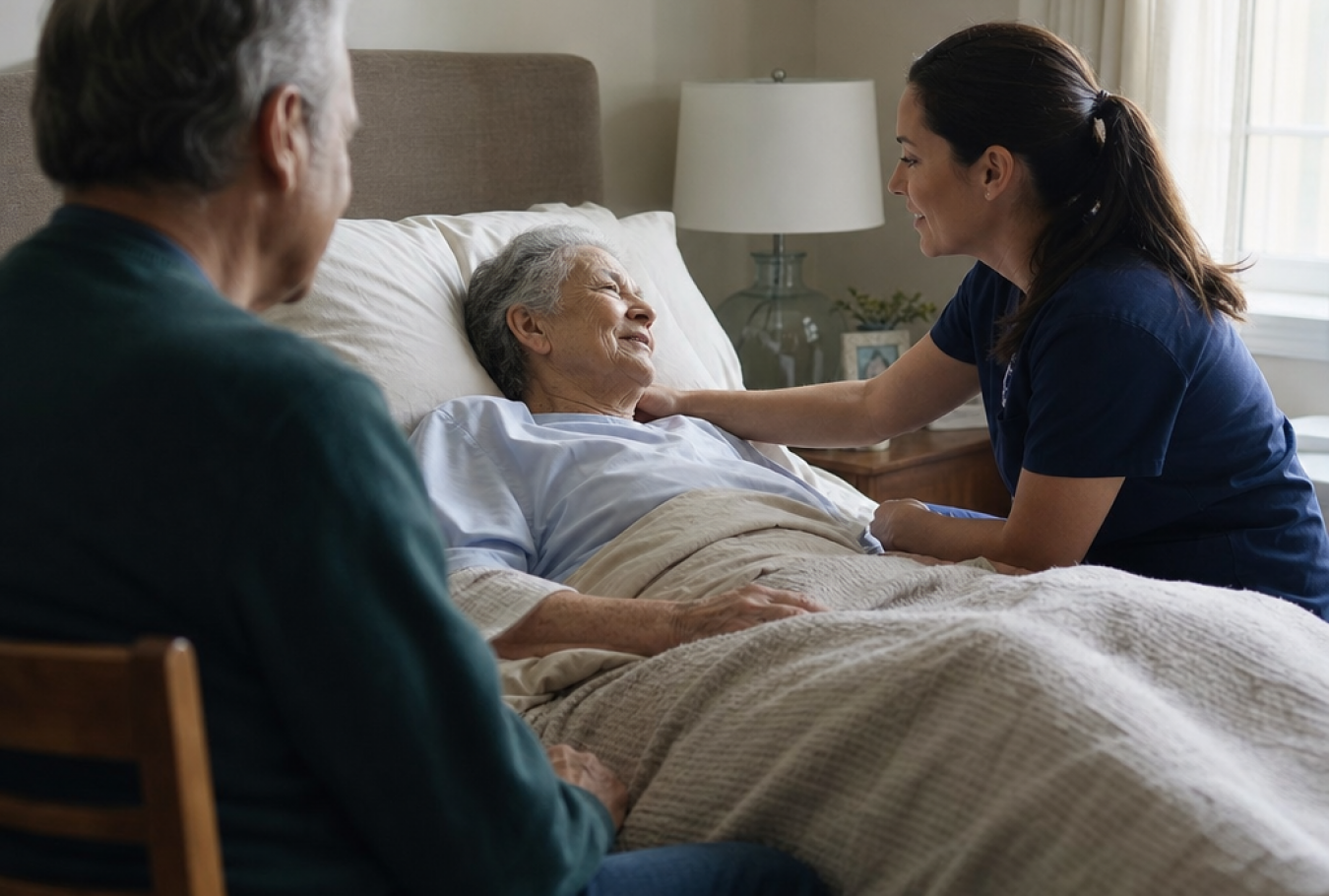 a caregiver comforting an elderly patient in a peaceful bedroom while a family member sits nearby,