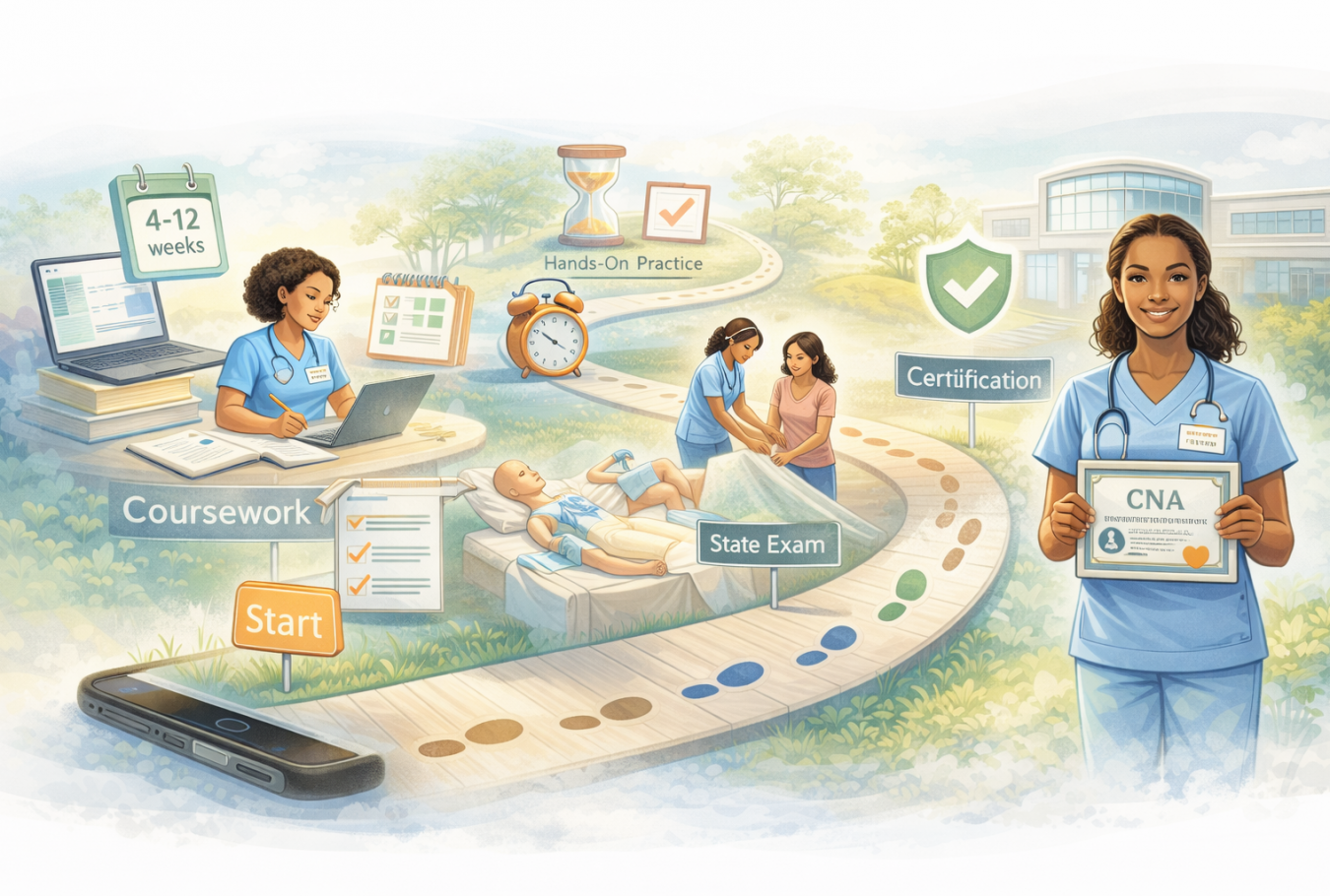 Caregiver assisting elderly individuals at home alongside scenes of studying and training, representing the journey to becoming a certified nursing assistant