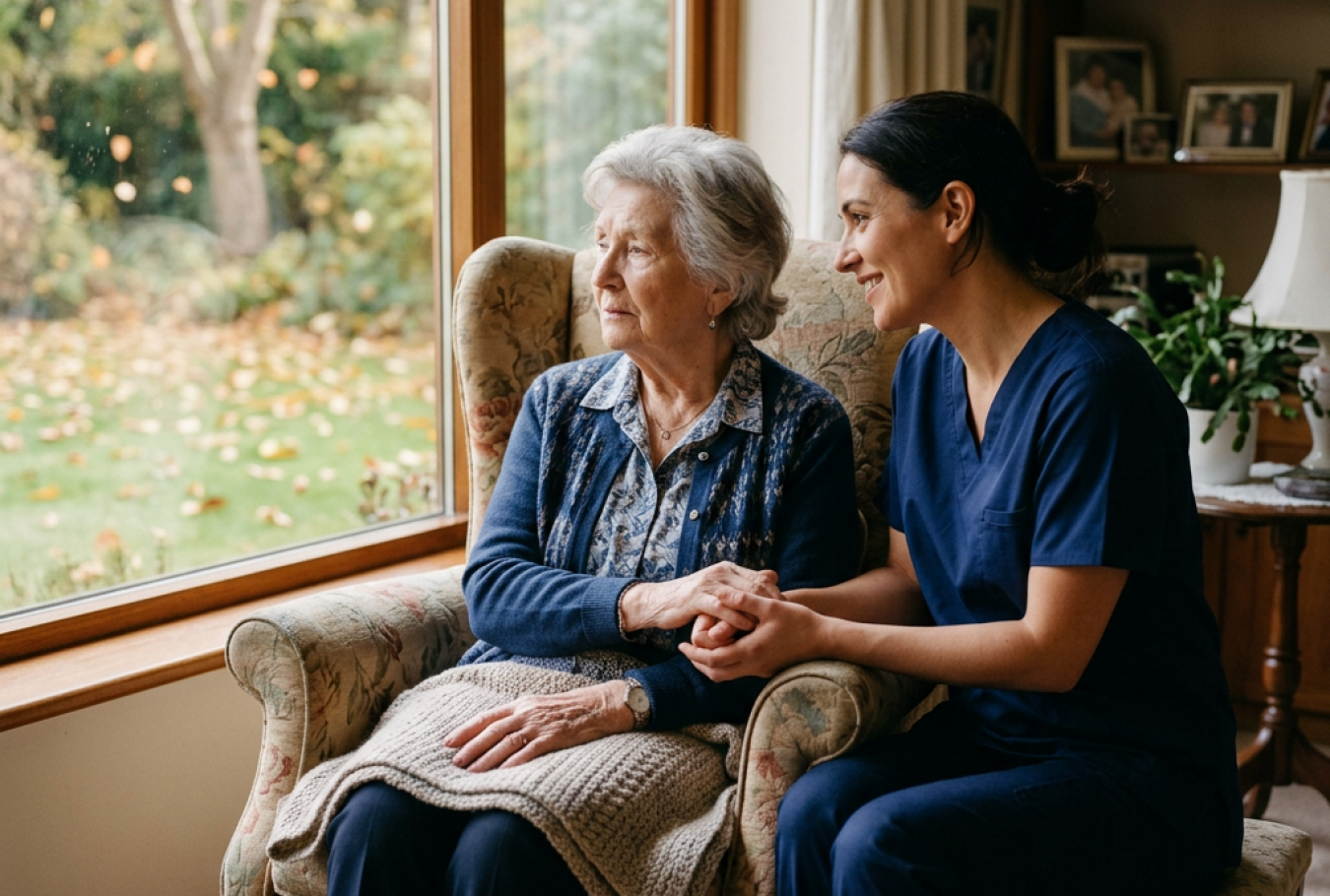 an elderly woman sitting alone by a window while a caring caregiver gently sits beside her for support