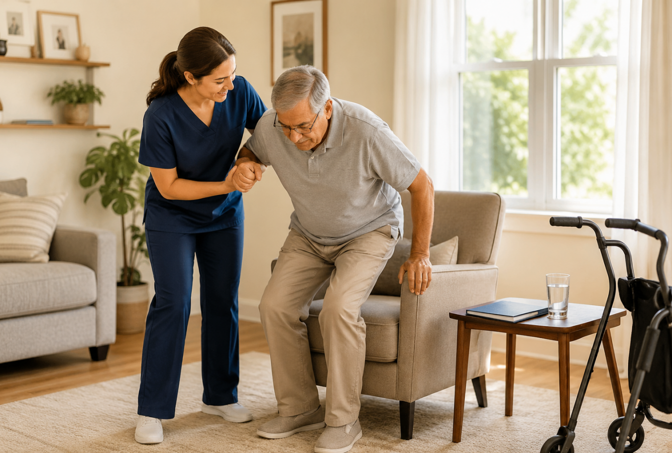 Beginner caregiver helping an older adult with safe mobility support in a home-care setting.