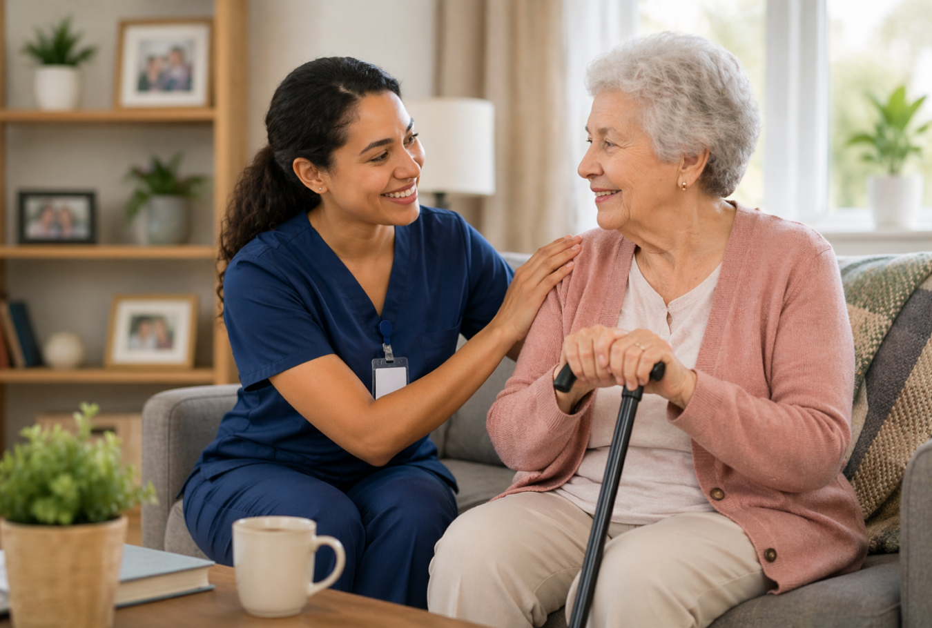 Caregiver assisting an elderly woman at home with daily support, illustrating the role of a personal care assistant versus a general caregiver